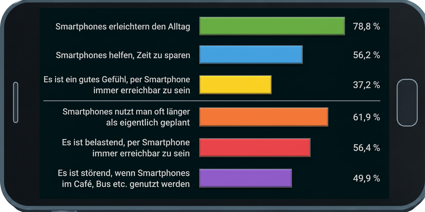 Balkendiagramm zu Vorteilen und Nachteilen der Smartphone-Nutzung mit Prozentangaben.